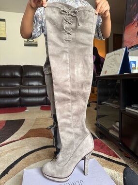 Jennifer Lopez Taupe Suede Over-the-Knee Lace-Up Boots